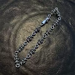 S925 sterling silver vintage ch g Luo cross flower bracelet hip hop old fashion men's and women's lovers bracelet