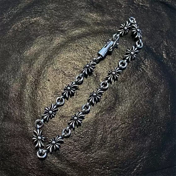 S925 sterling silver vintage ch g Luo cross flower bracelet hip hop old fashion men's and women's lovers bracelet