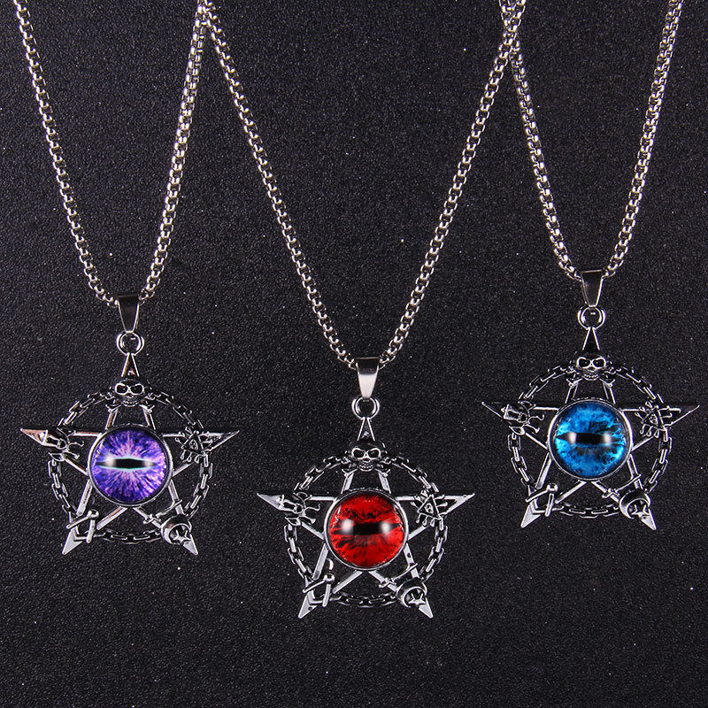 Hip hop retro style old five-pointed star Turkish blue eyes Devil's Eye necklace punk magic skull pendant