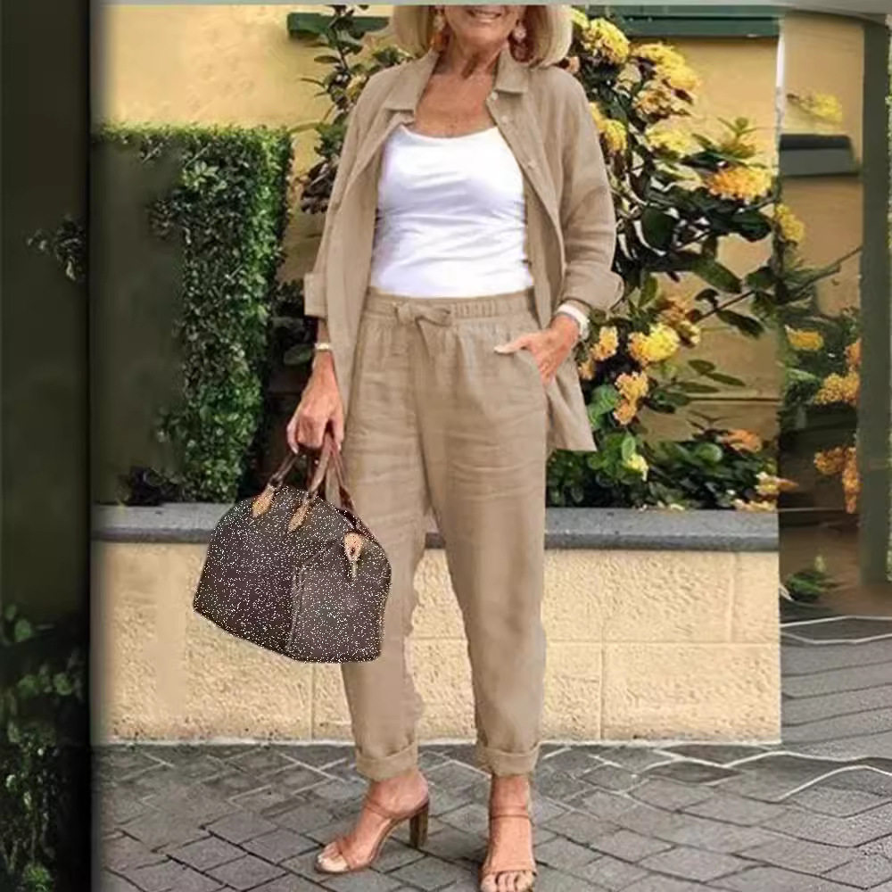 A Large Number of Spot Amazon Cross-Border 2025 Autum New Export Women's Pure Color Casual Suit Long-Sleeved Pants Two