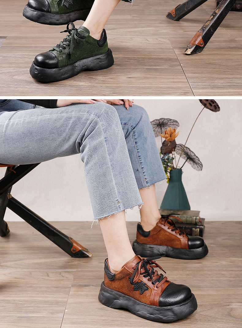 Giày nữ đế dày cổ thấp da bò thật buộc dây phối màu — Xanh lục + Đen