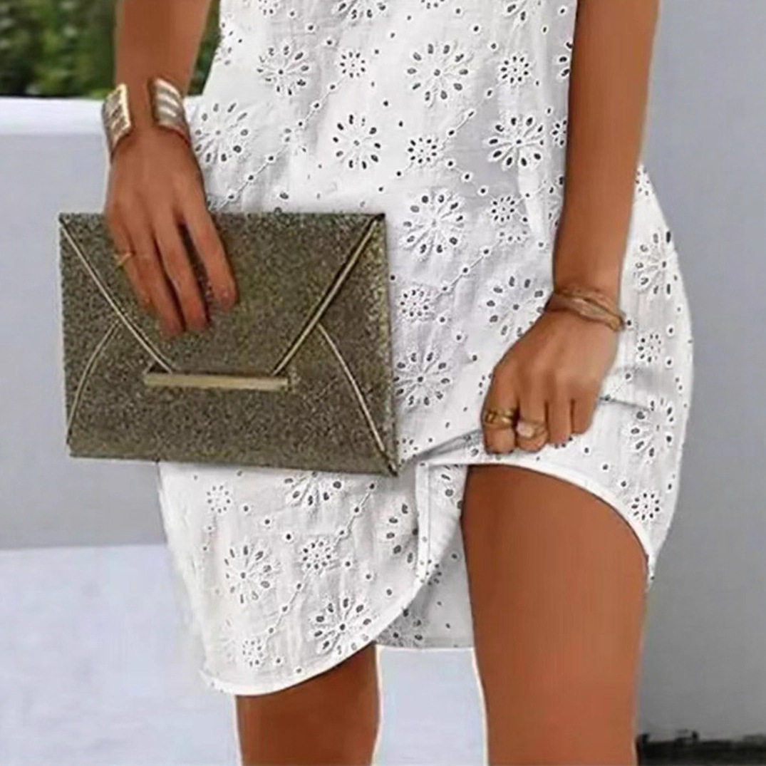 Summer Sleeveless Lace Hollow Out Dress Solid Color V Neck Elegant Design Perfect for Casual Outings Wholesale