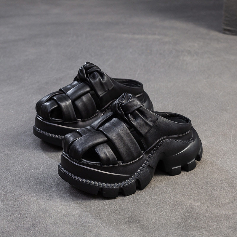 Dép Sandal Nữ Quai Dệt Da Bò Đế Cao 4cm - 5cm Màu Nâu, Xám, Xanh, Đen
