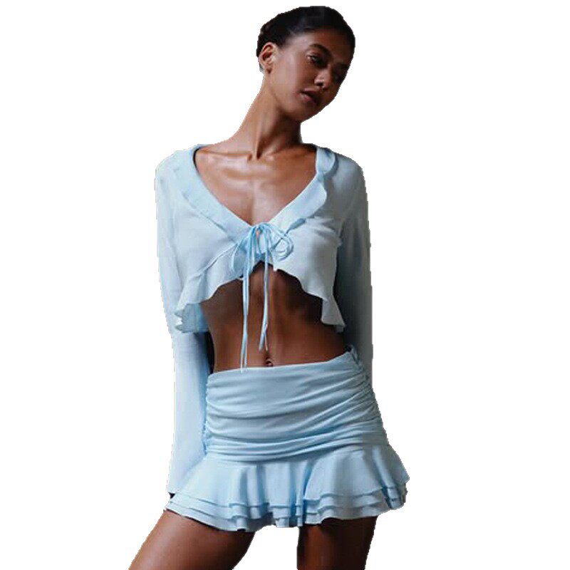 Womens Sheer Mesh Set Ruffled Hem Tie Front Cropped Top Fitted Mini Skirt Vacation Style Wholesale Available