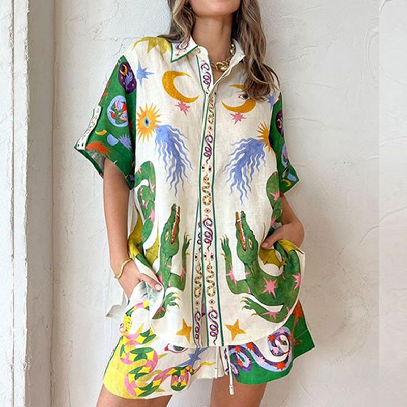 Womens Floral Print Shirt and Tie Front Shorts Set Casual Elegant Style Spring Collection Wholesale Available