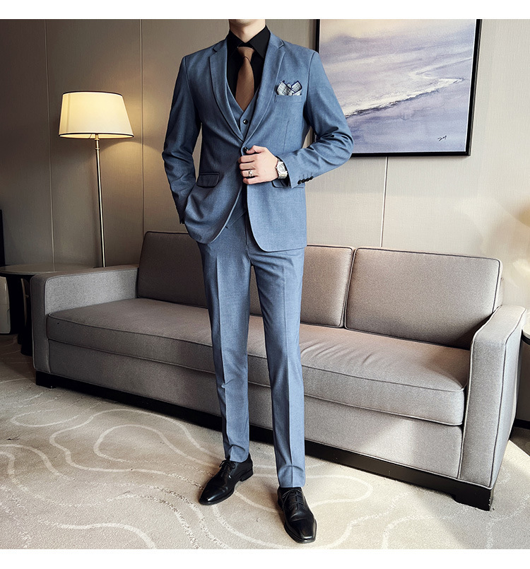 Bộ com-lê nam ba mảnh dáng ôm, áo vest một hàng khuy phong cách công sở — Màu xám (áo một nút + áo vest + quần), Màu xanh (áo một nút + áo vest + quần), Màu đen (áo một nút + áo vest + quần), Màu xanh navy (áo một nút + vest + quần)