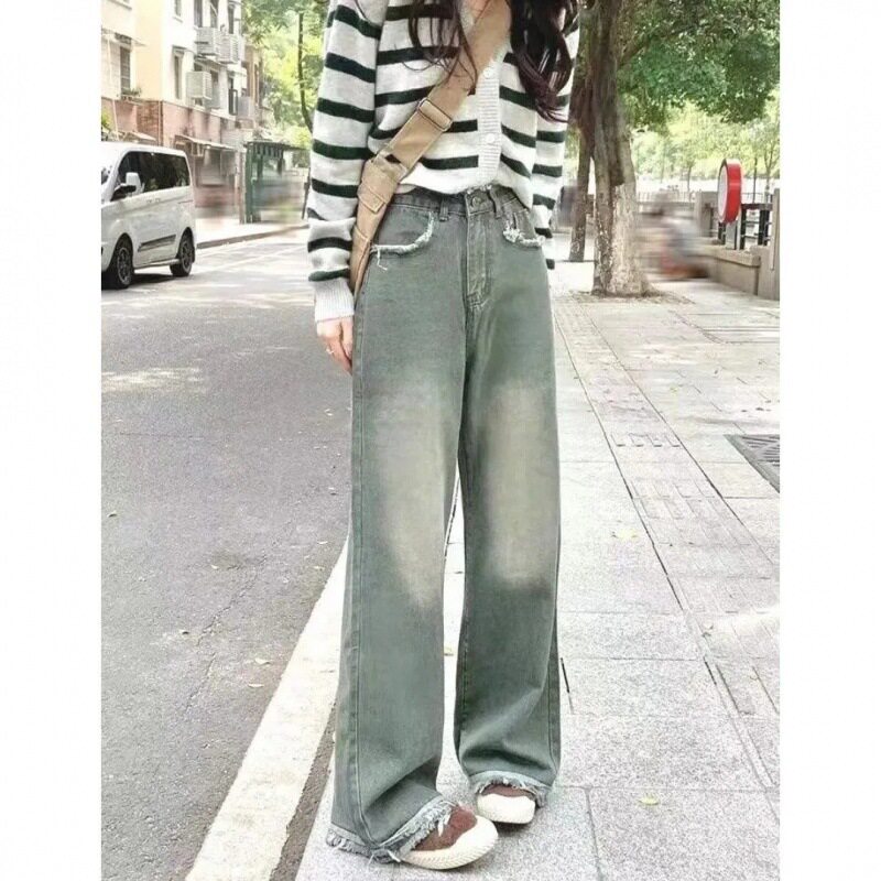 High Waisted Loose Fit Distressed Green Denim Jeans Retro Style Straight Leg Versatile for Casual Wear Wholesale