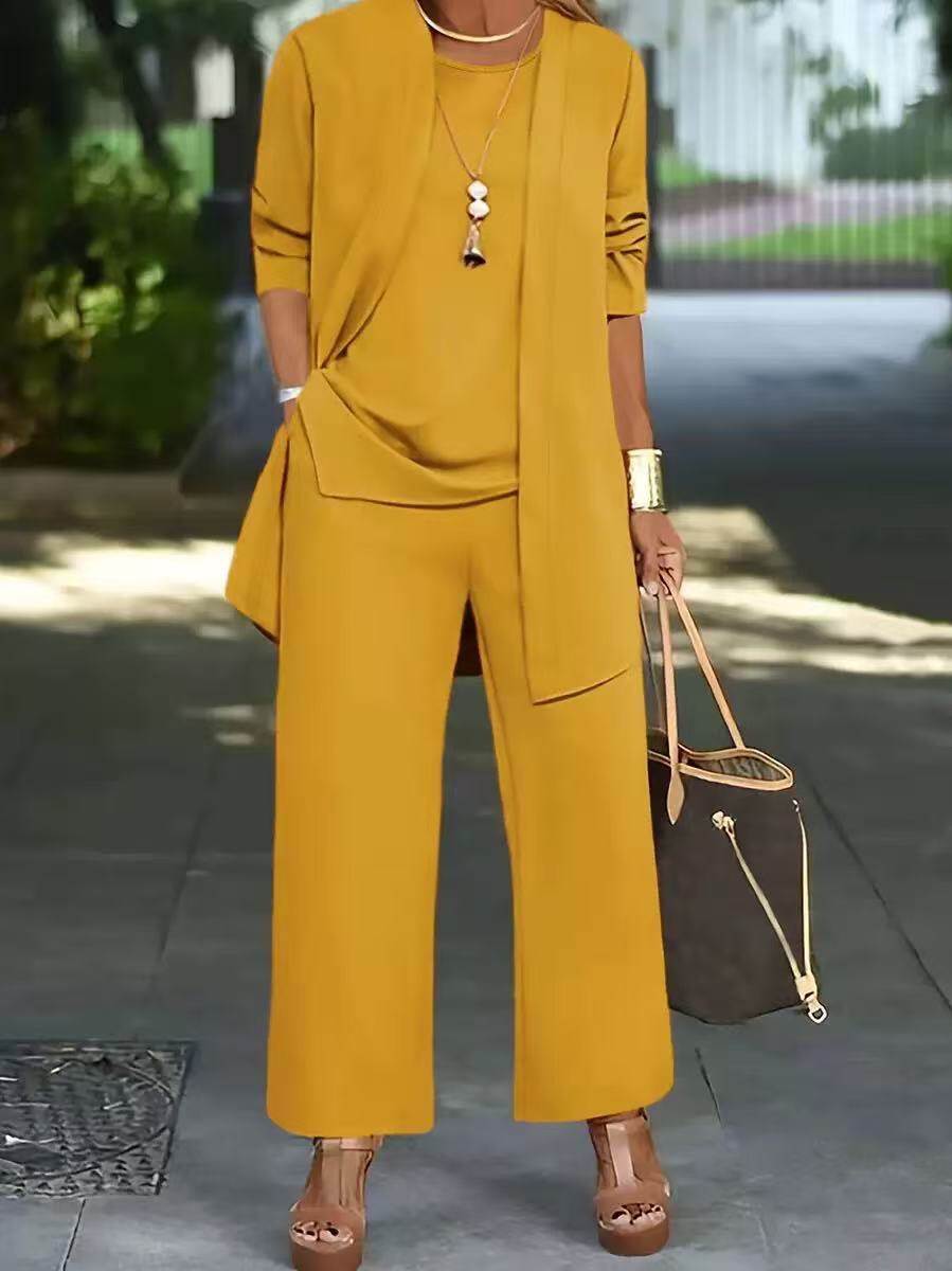 跨境货源2021春秋季新款洋气阔太太显瘦减龄时尚大码套装女三件套