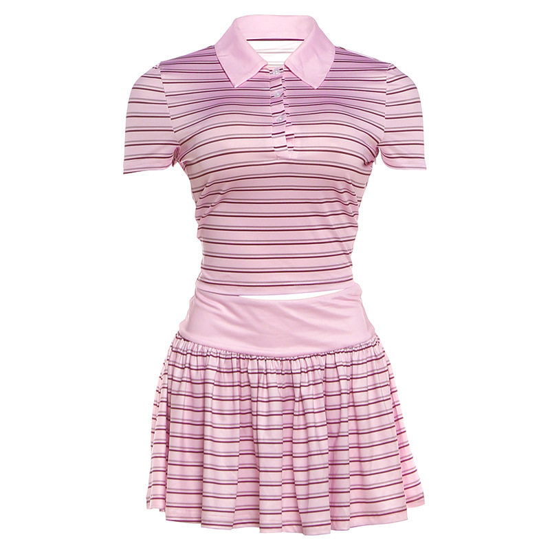 Striped Button Up Collar T Shirt and Low Waist Ruffled Mini Skirt Set Summer Fashion for Women Casual Wear Wholesale