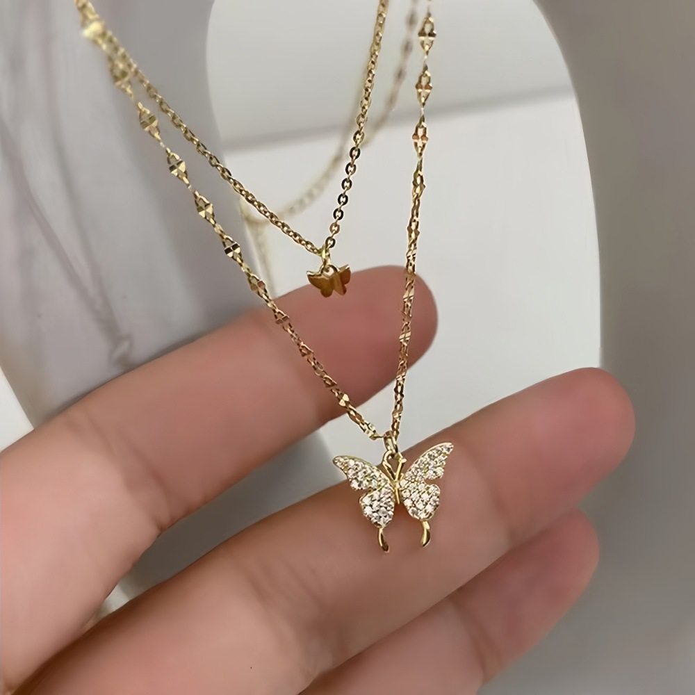 Double-layer Butterfly Necklace ~ Flash Diamond Pendant Spring and Summer New Fashionable Necklace Chain Women's Ins South Korea All-match Cold Style Clavicle Chain