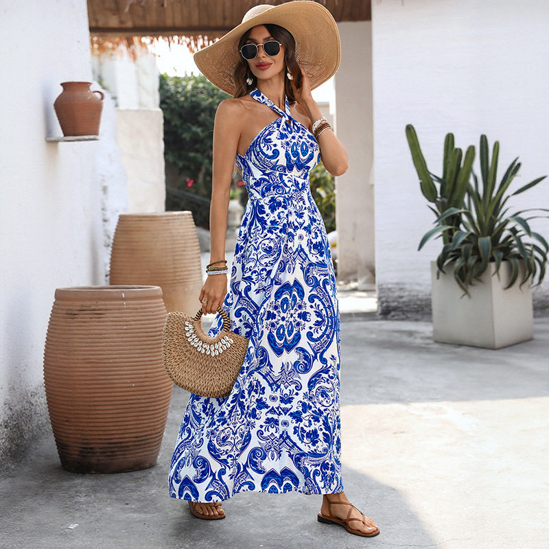 Vintage Floral Print Halter Backless Dress Elegant Blue and White Porcelain Design Perfect for Summer Vacations