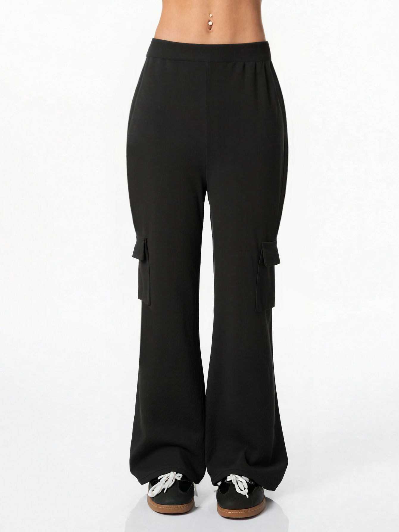 Womens Black Flared Trousers Elastic Waist Side Pockets Casual Style Perfect for Spring and Autumn Wholesale