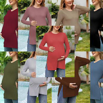Nine-color optional European and American cross-border source round neck solid color hem high slit pregnant women long sleeve bottoming T-shirt