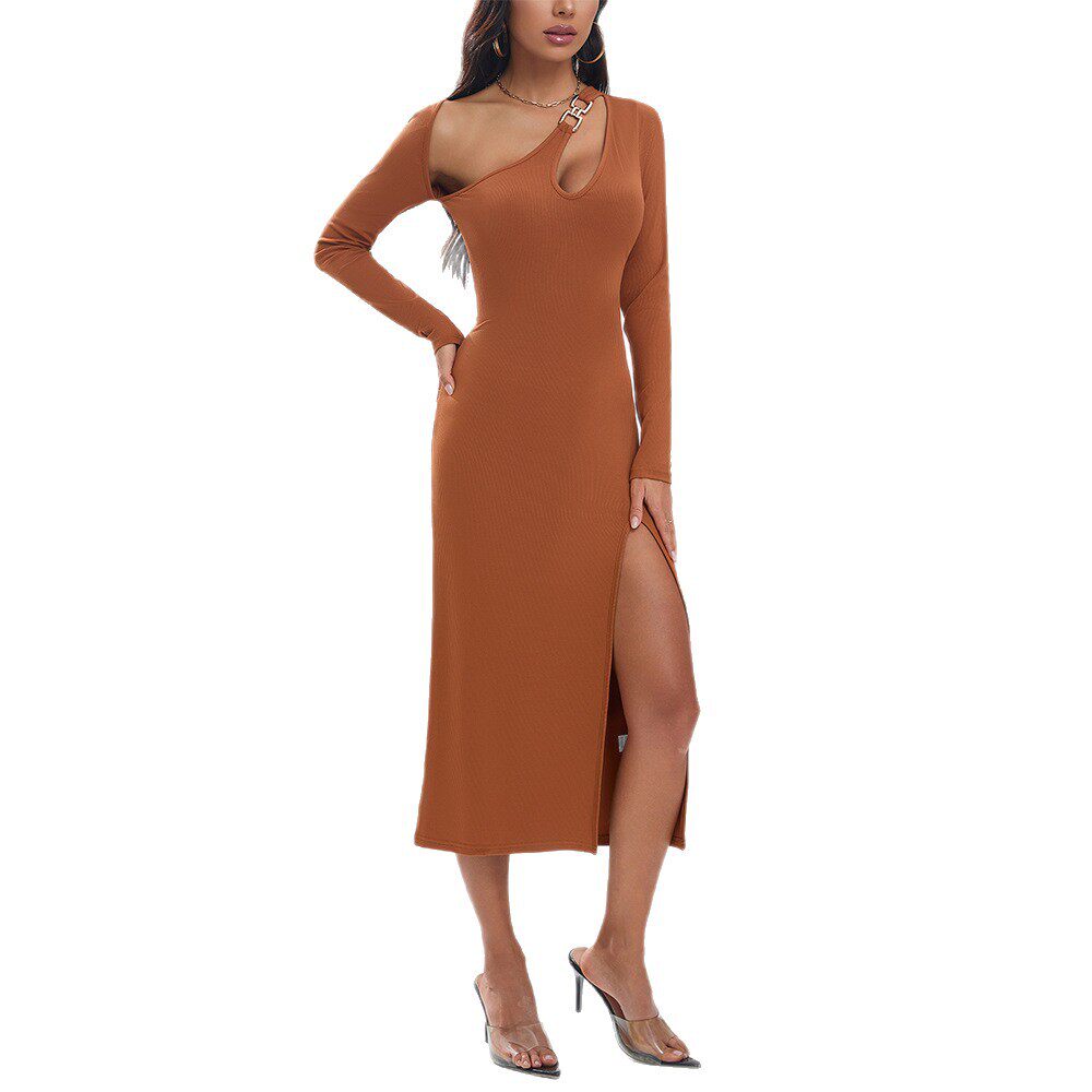 Womens Irregular Hollow Out Bodycon Dress Solid Color Asymmetrical Shoulder Fashionable Elegant Style Perfect for