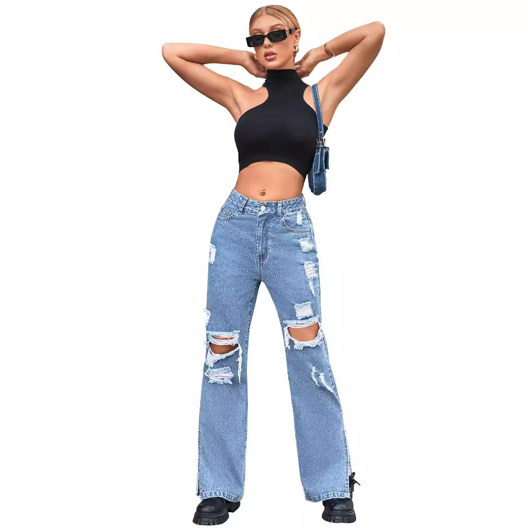 Casual Womens Ripped Denim Jeans Stylish Versatile Streetwear Perfect for Everyday Wear Wholesale Available