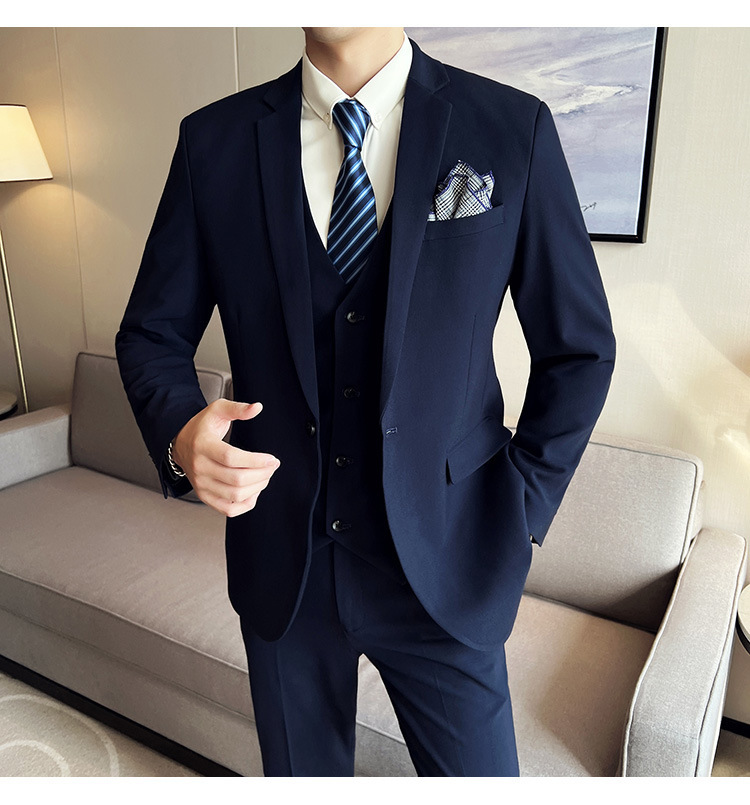 Bộ com-lê nam ba mảnh dáng ôm, áo vest một hàng khuy phong cách công sở — Màu xám (áo một nút + áo vest + quần), Màu xanh (áo một nút + áo vest + quần), Màu đen (áo một nút + áo vest + quần), Màu xanh navy (áo một nút + vest + quần)