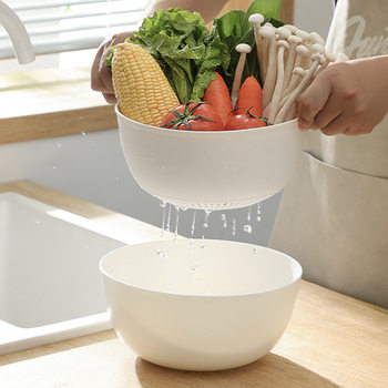 New shallow double-layer drain basket kitchen solid color round household washing basket thickened fruit and vegetable basket rice basket wholesale