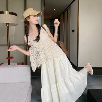 Korean Style Crocheted Cut Out Vest Vest Dress Suit for Women 2025 Summer New High-End Slimming Look and Flesh-Covering Two-Piece Set
