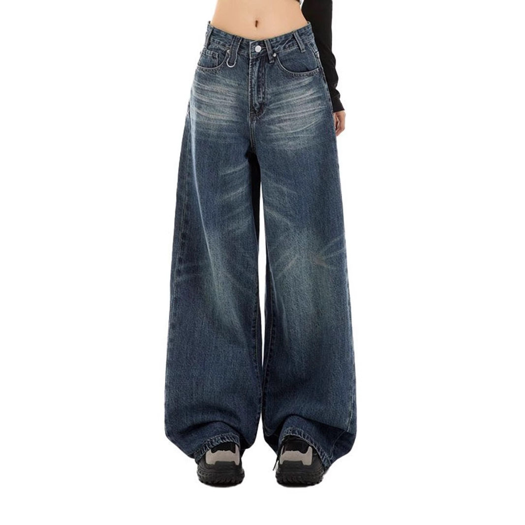 Wide Leg High Waisted Denim Trousers Vintage Style Versatile Design Comfortable Fit Casual Wear Ready to Ship