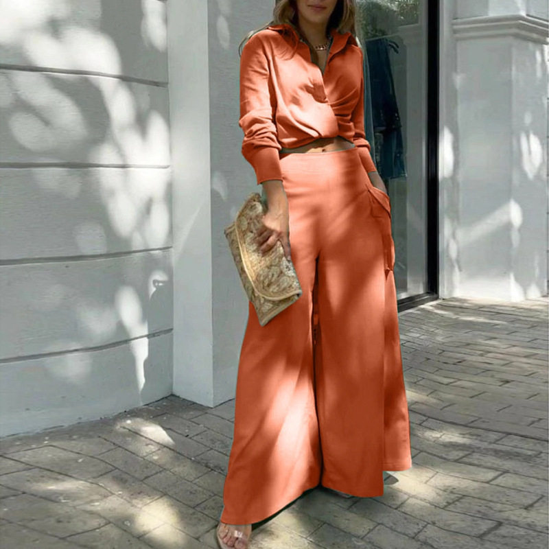 Womens Spring Casual Set Loose Fit Solid Color Top and Long Pants Perfect for Everyday Wear Wholesale Available