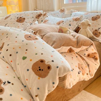 Autumn and Winter thickened milk velvet four-piece set double-sided fleece-lined snowflake velvet quilt cover three-piece dormitory bedding wholesale
