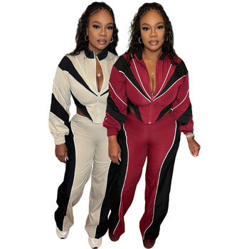 Hr25062 European and American Fashion Women's Contrasting Color Stitching Waist Zipper Top Straight Pants Two-Piece Suit for Women