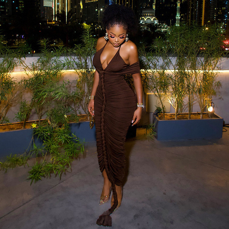 Casual V Neck Long Dress Solid Color Bodycon Fit Ruched Design Unique Style Perfect for Parties or Everyday Wear