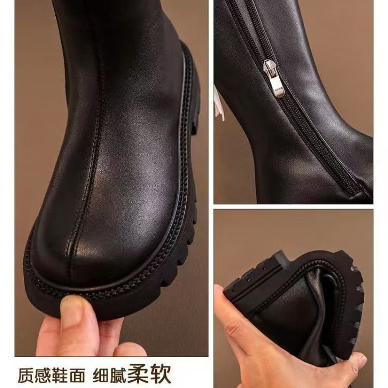 Girls' Autumn and Winter Leather Boots 202 New Style Long Plush-Lined Martin Boots Children's High Boots Girls' Fashion Boots Single Boots