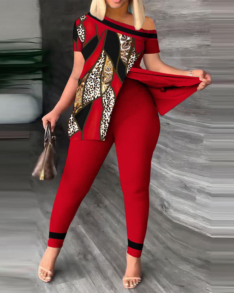 2024秋季欧美跨境女装亚马逊速卖通斜领长裤两件套时尚印花套装女