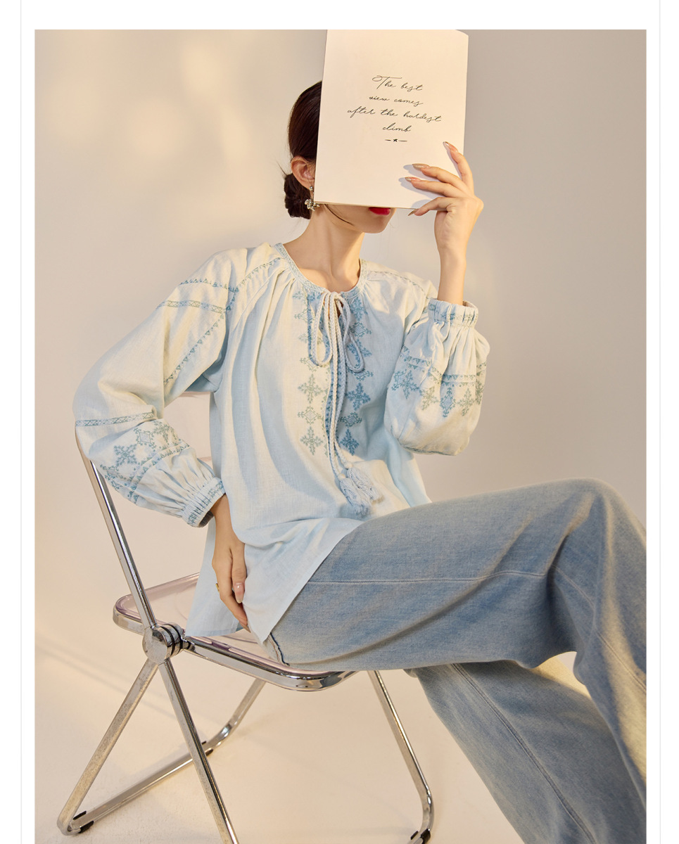 Áo sơ mi nữ linen dài tay thêu họa tiết dáng rộng — Màu trắng be, Màu xanh đậm, Màu xanh lam nhạt