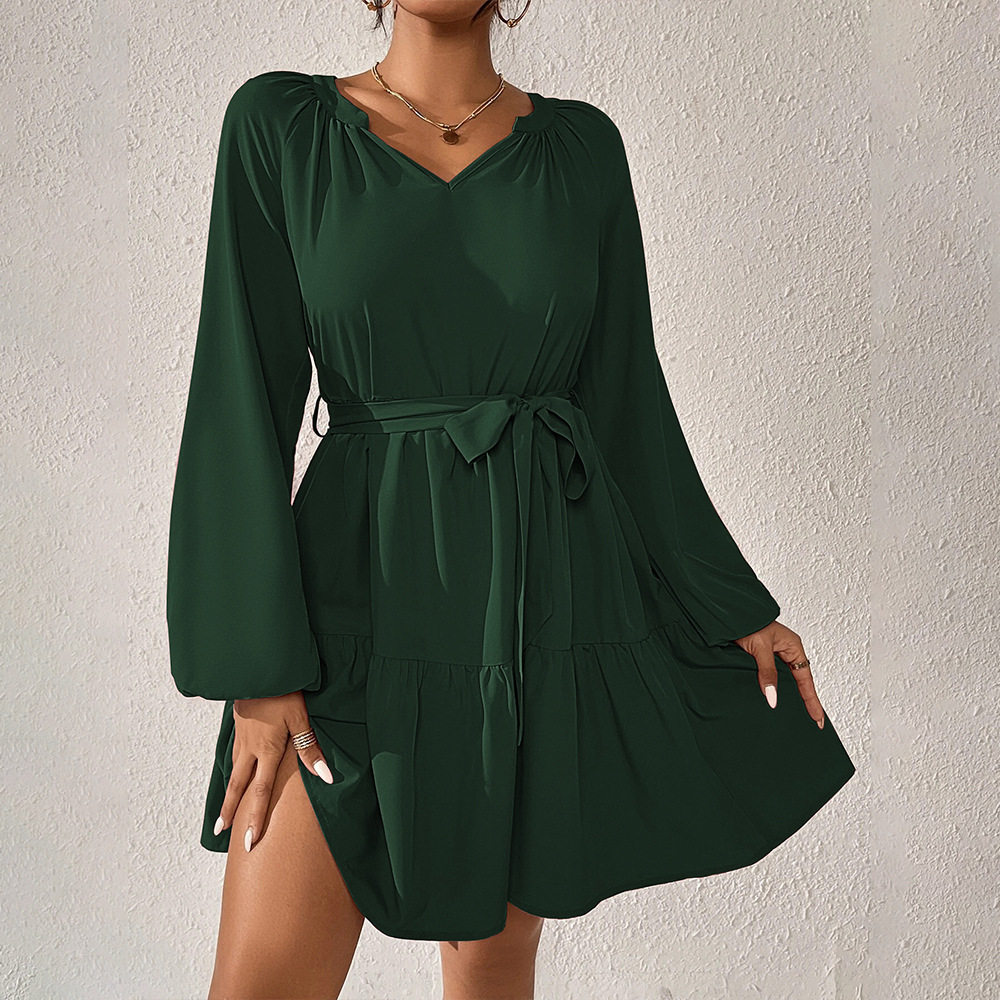Casual Long Sleeve Ruffled Hem Dress Loose Fit Waist Defined Elegant Style Spring Summer Collection Wholesale