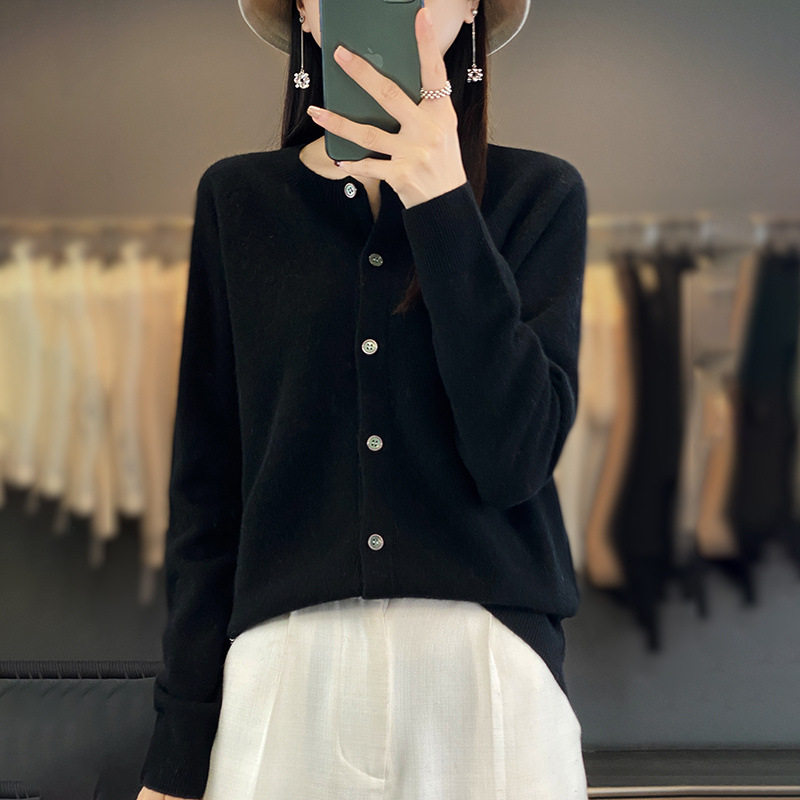 美丽诺纯羊毛开衫女一线成衣无缝一体金银丝外套针织长袖外搭毛衣