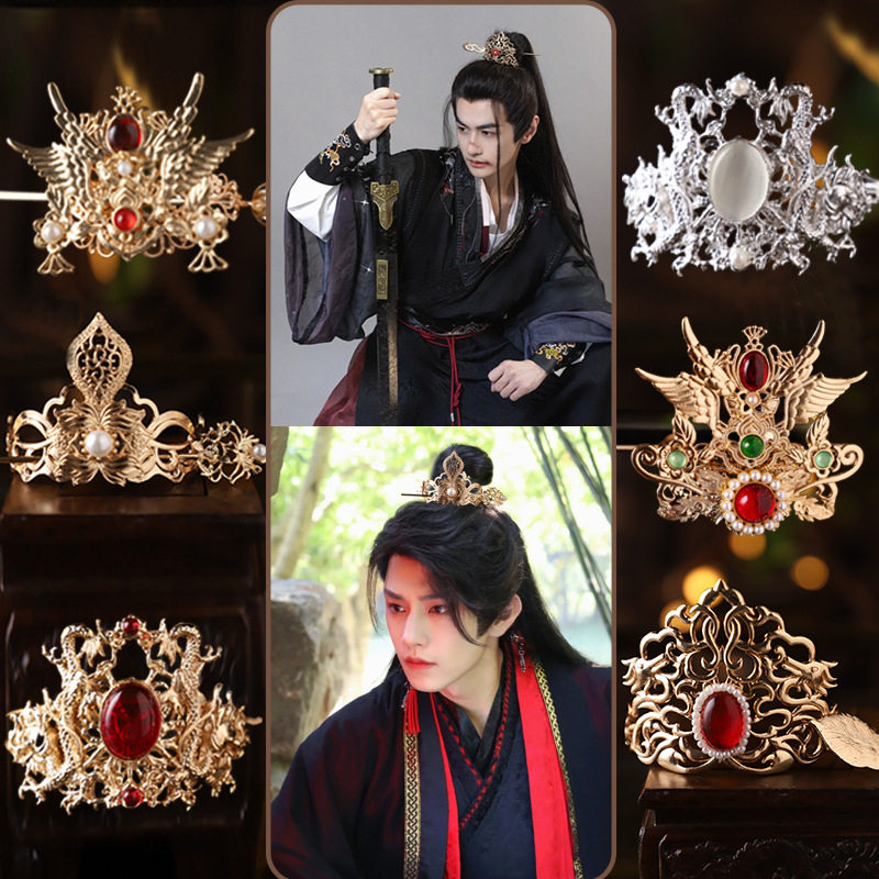 Ancient style hair accessories kc gold and silver balls head fairy hair crown top crown Song Ming National style hairpin men and women headdress martial arts