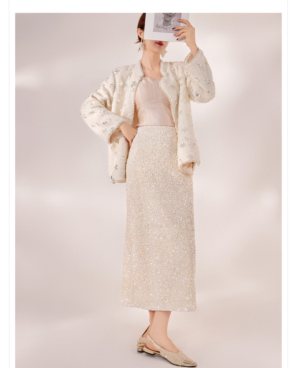 Chân váy dài lưng cao dáng chữ A phối sequin lấp lánh — Màu mơ