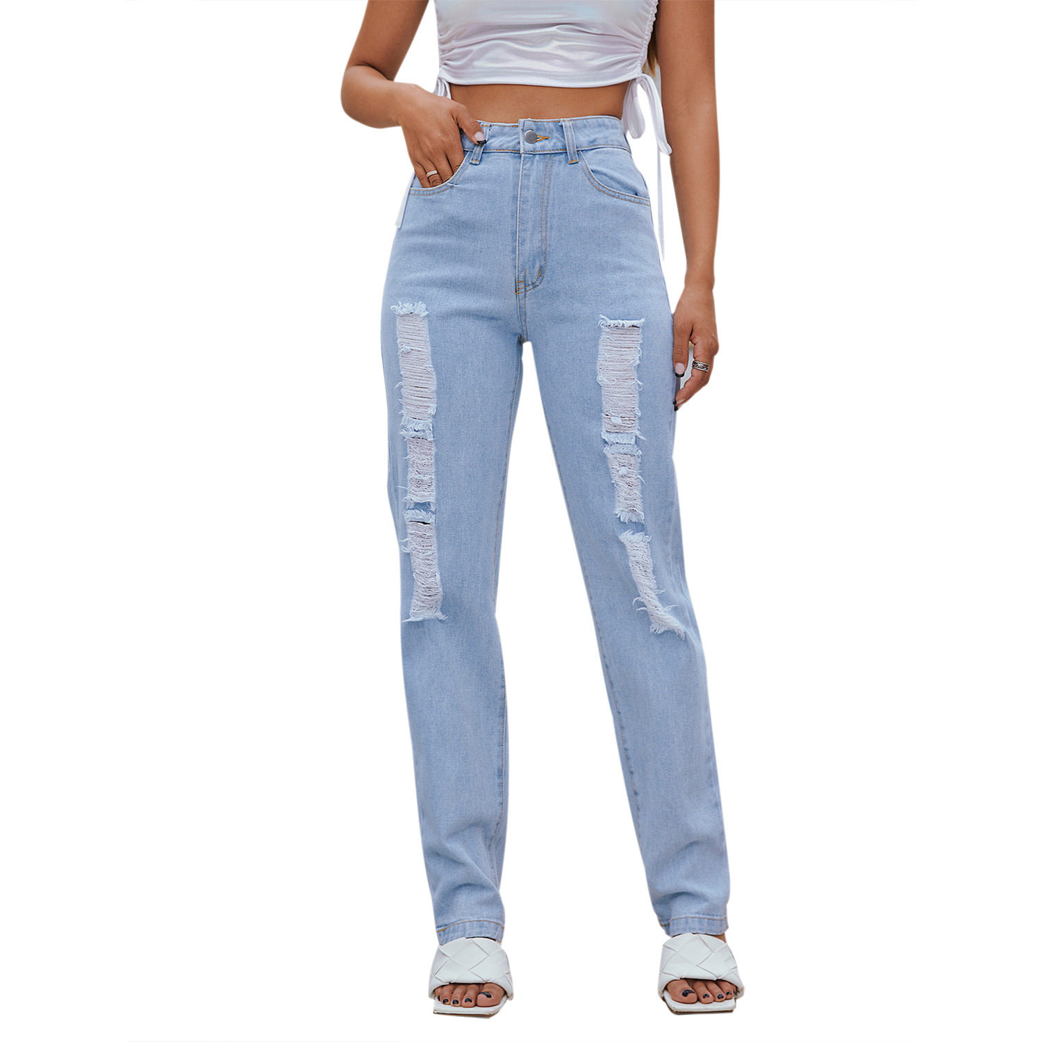 High Waisted Harem Jeans Distressed Design Loose Fit Trendy Style Casual Wear for Women Wholesale Available