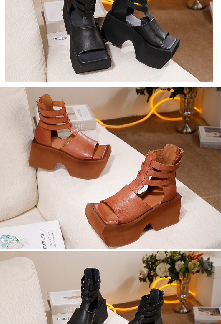 Sandal La Mã nữ đế dày tăng chiều cao, giày cao gót quai dán phong cách châu Âu — màu đen, Màu nâu