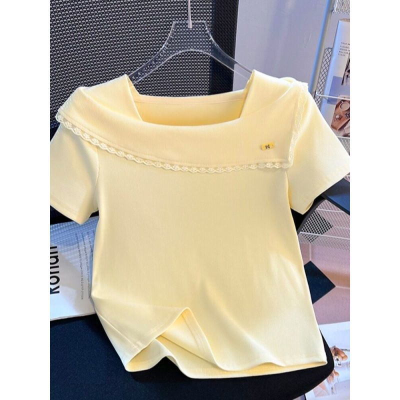 Lace Trim Square Neck Short Sleeve T Shirt Slim Fit Solid Color Soft Fabric Summer Casual Wear Wholesale Available
