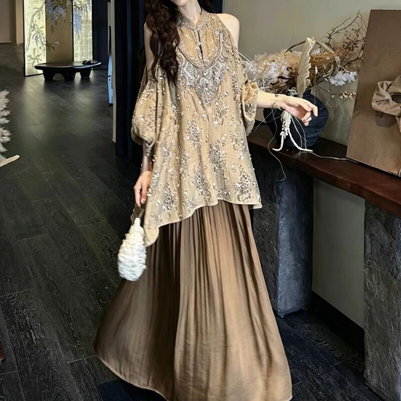 Đầm suông nữ thêu thủ công trễ vai tay phồng dáng dài — Màu nâu kaki - Chất lượng cao, Trắng cực quang, Xanh tuyết núi