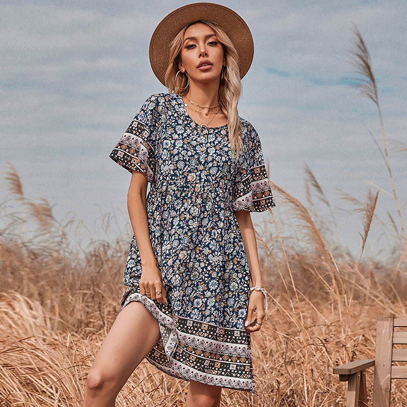Geometric Floral Print Dress Round Neck Short Sleeve Summer Style Perfect for Casual Outings Wholesale Available