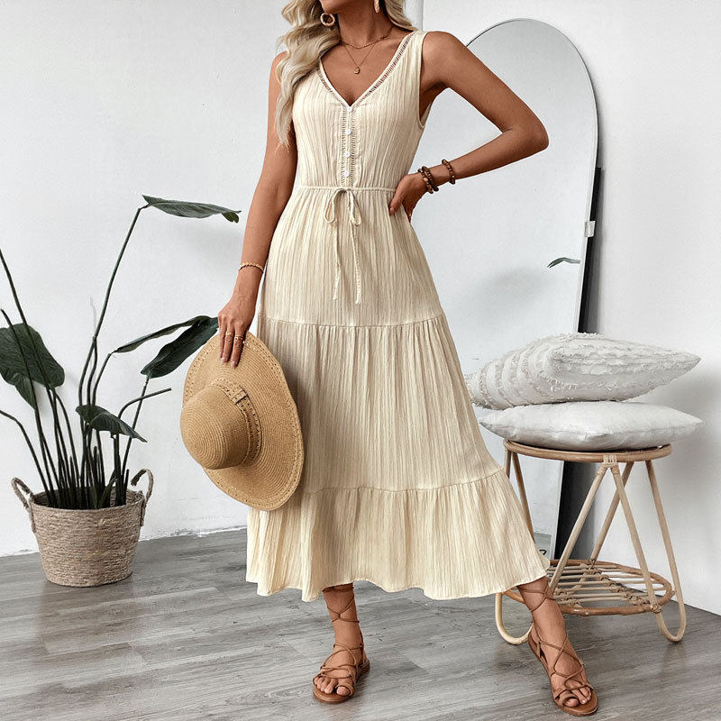 Sleeveless V Neck Summer Dress Minimalist Design Solid Color Adjustable Tie Casual Wear for Women OEM Available