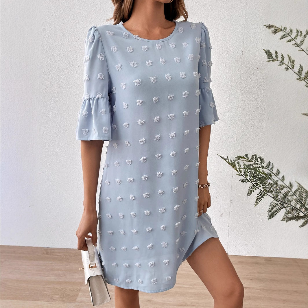 Chiffon Dress for Women Solid Color Short Sleeve Pom Detail Casual Summer Wear Wholesale Available