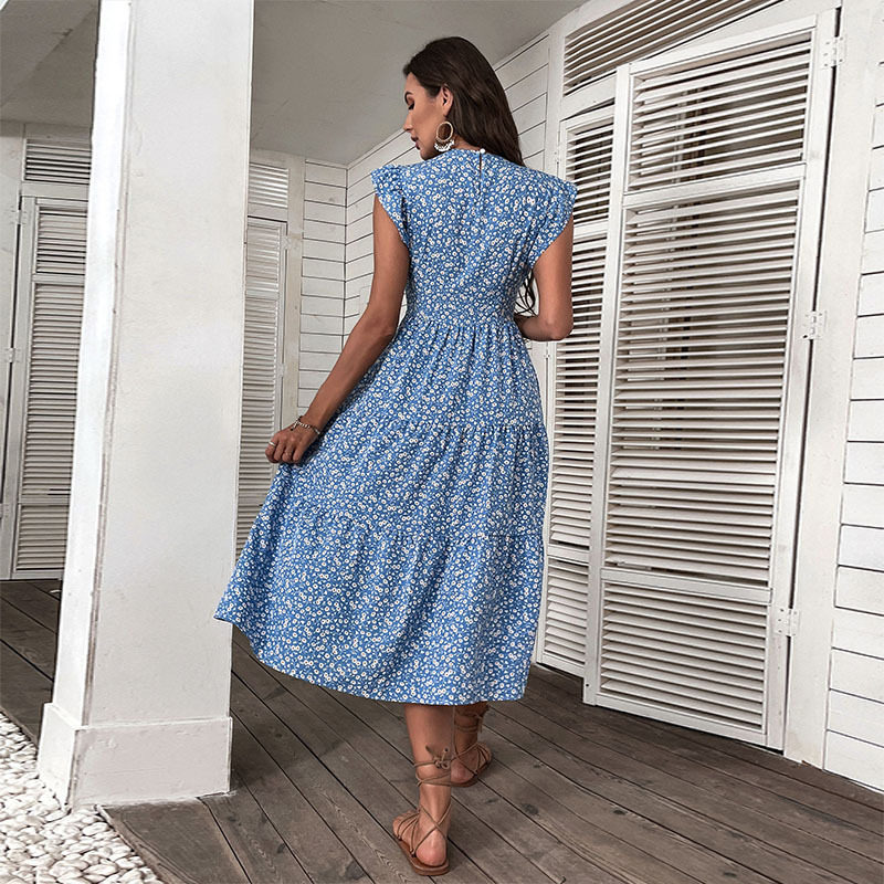 Summer Midi Dress High Waist Blue Floral Print Fresh and Sweet Style Perfect for Casual Outings Wholesale Available