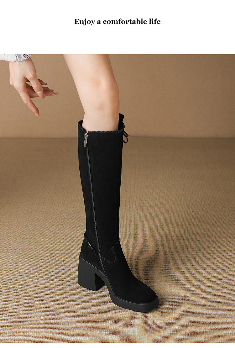 Boot nữ cổ cao ôm bắp chân gót siêu cao 8.5cm mũi tròn phong cách thư giãn — màu đen, Màu nâu