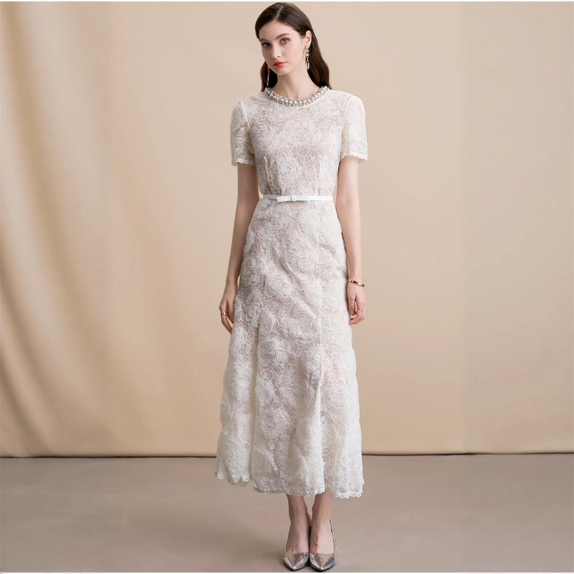 French Elegant Beaded Lace Dress Short Sleeve Round Neck Fishtail Design Summer Cocktail or Formal Occasion