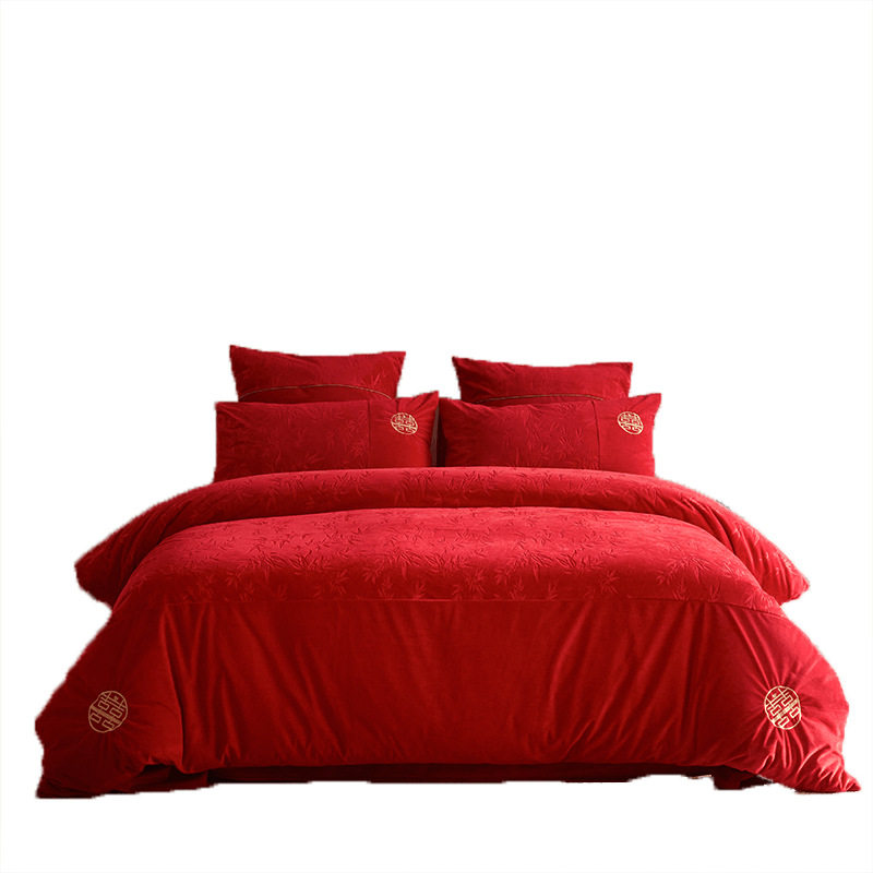 Milk Velvet Bed Four-Piece Set, Bright Red Chinese Style High-End Embroidered Bed Sheetss and Quilt Covers, Winter Wedding Bedding