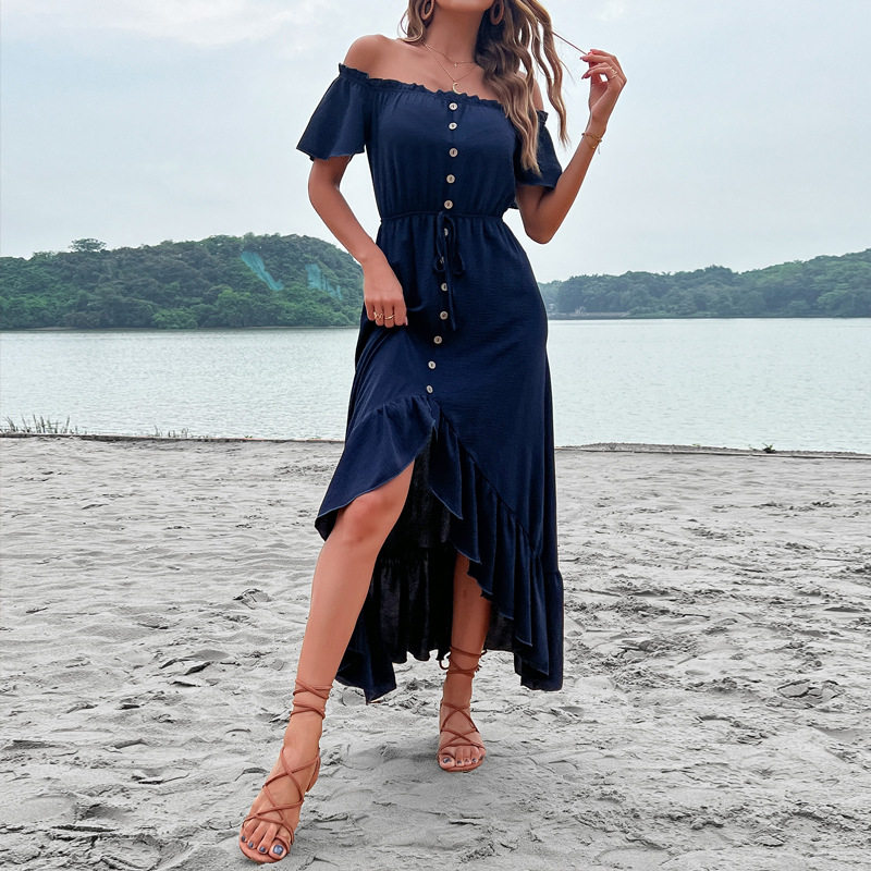 Off Shoulder Irregular Hem Dress Solid Color Summer Vacation Style Lightweight Fabric Wholesale Available