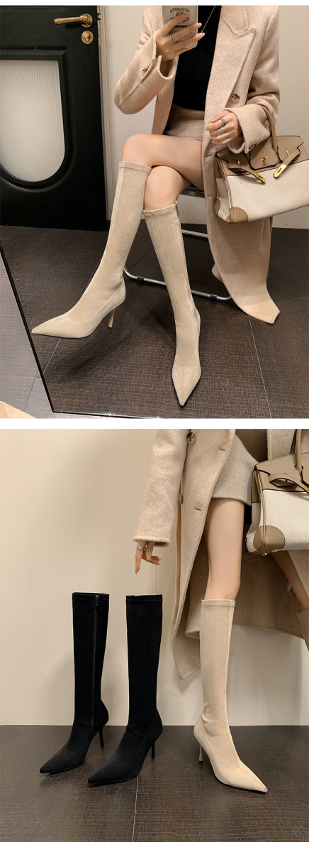 Boot nữ cổ cao qua gối gót nhọn cao 9cm chất liệu da lộn co giãn — Lớp lót đơn kaki ống ngắn, Lớp lót đơn màu đen ống ngắn, Lớp lót nhung đen ngắn, Lớp lót nhung kaki ngắn