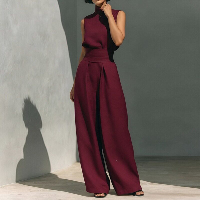 Womens Spring Outfit Set Elegant Solid Color High Neck Sleeveless Straight Leg Pants Perfect for Casual or