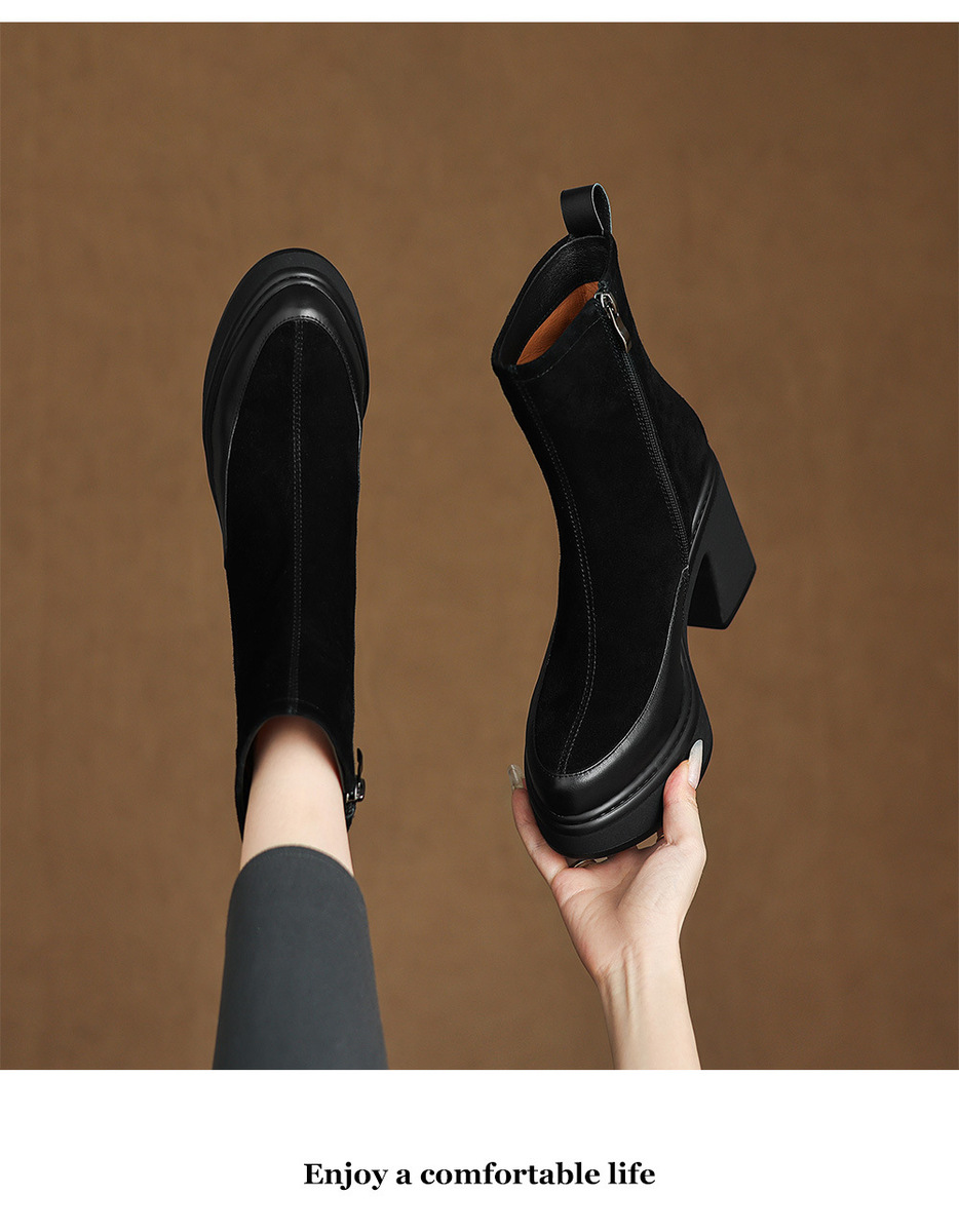 Boot nữ mũi nhọn phối da, cổ ngắn ôm chân, đế dày gót cao — Lớp lót đơn màu đen, Lót nhung đen