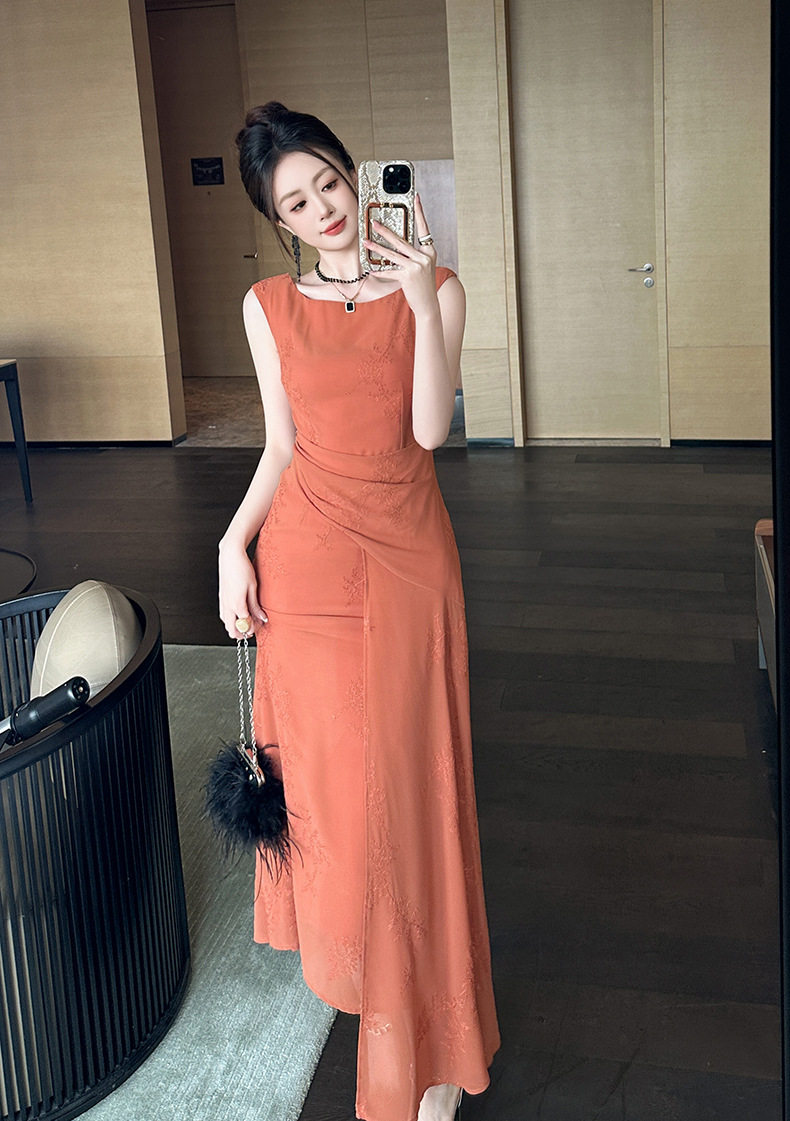 Đầm suông nữ midi cổ tròn không tay phong cách Pháp — [Màu cam] chi tiết 4